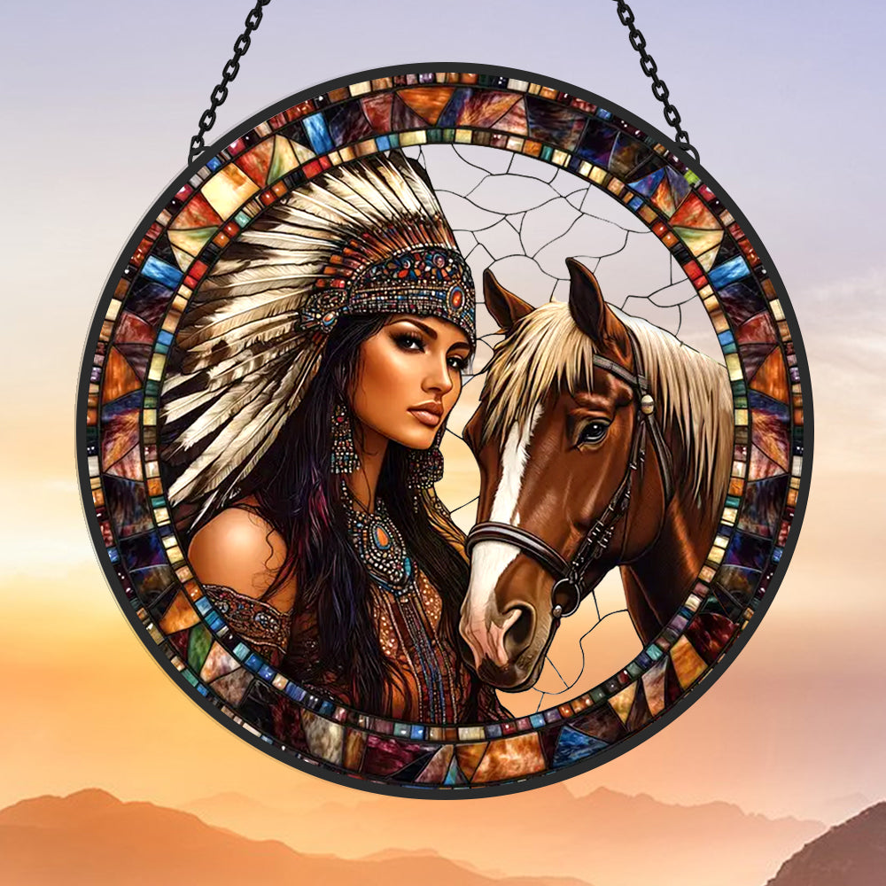 American maiden with spirit horse stained glass suncatcher window hanging, suitable for home and garden decoration