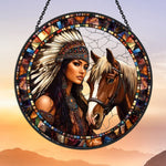 American maiden with spirit horse stained glass suncatcher window hanging, suitable for home and garden decoration
