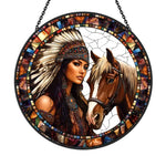 American maiden with spirit horse stained glass suncatcher window hanging, suitable for home and garden decoration