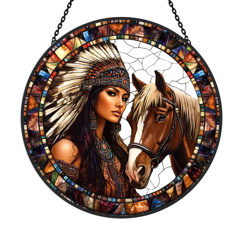 American maiden with spirit horse stained glass suncatcher window hanging, suitable for home and garden decoration
