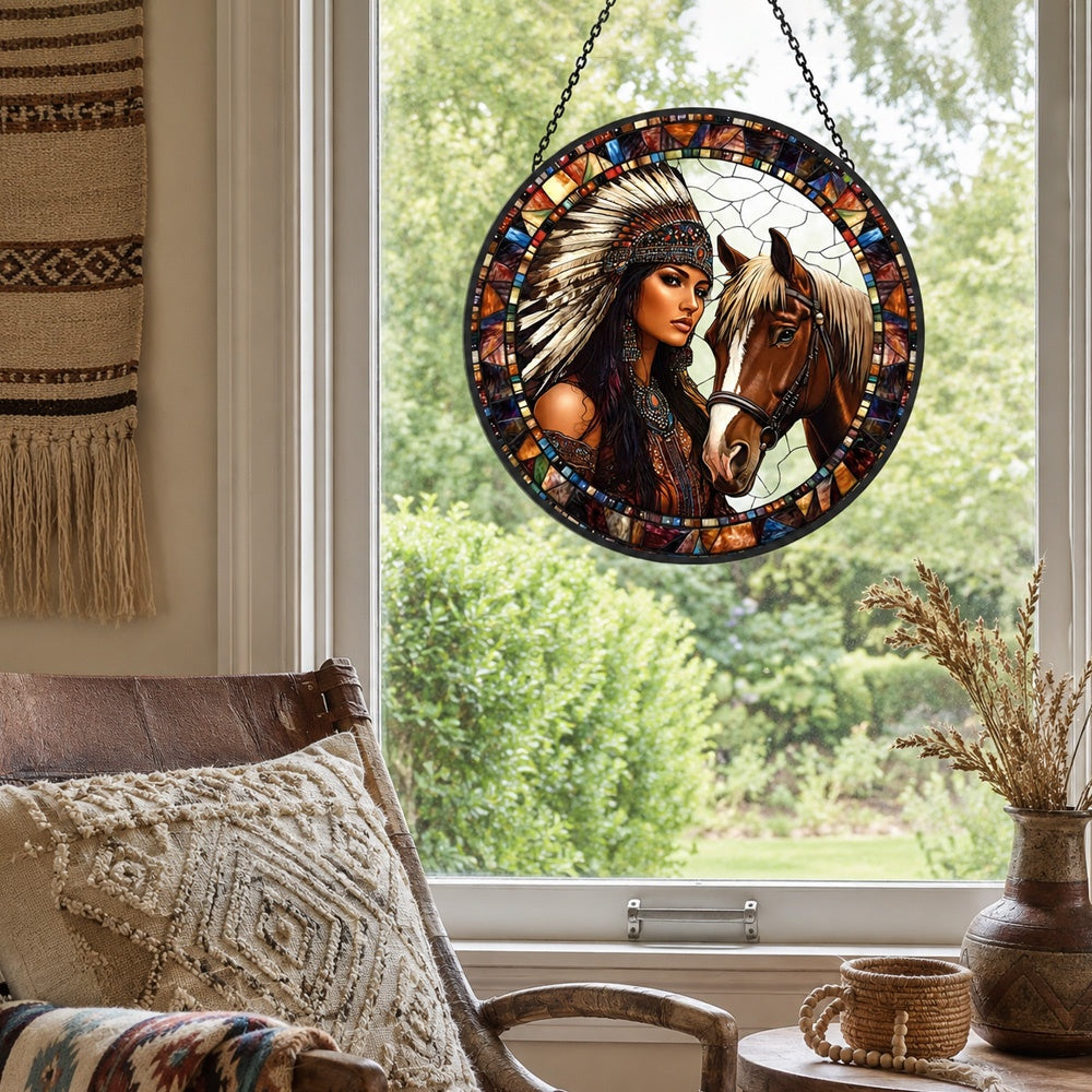 American maiden with spirit horse stained glass suncatcher window hanging, suitable for home and garden decoration
