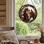 American maiden with spirit horse stained glass suncatcher window hanging, suitable for home and garden decoration