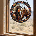 American maiden with spirit horse stained glass suncatcher window hanging, suitable for home and garden decoration