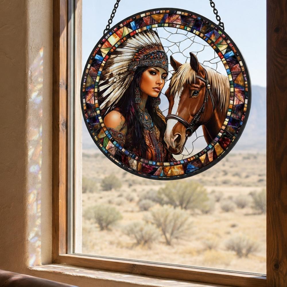 American maiden with spirit horse stained glass suncatcher window hanging, suitable for home and garden decoration