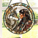 American maiden wolf stained glass suncatcher window hanging, suitable for home and garden decoration