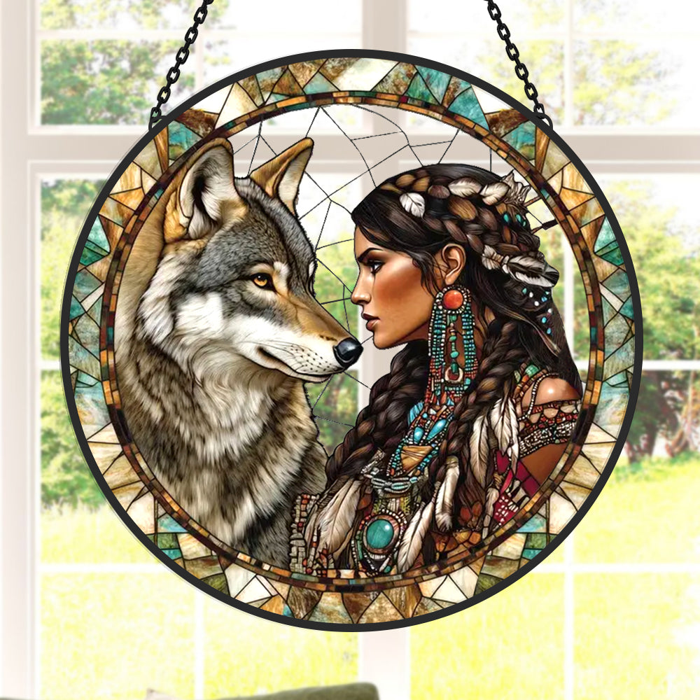 American maiden wolf stained glass suncatcher window hanging, suitable for home and garden decoration