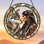 American maiden wolf stained glass suncatcher window hanging, suitable for home and garden decoration