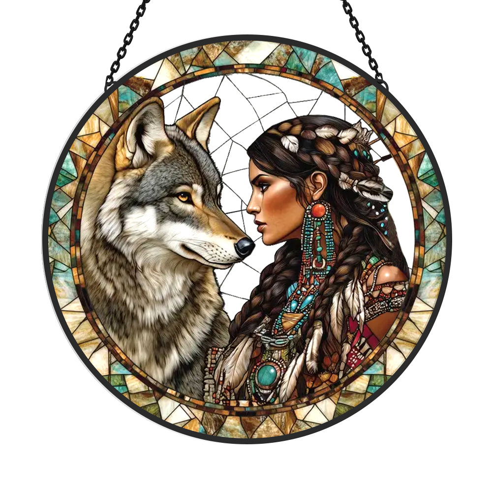 American maiden wolf stained glass suncatcher window hanging, suitable for home and garden decoration