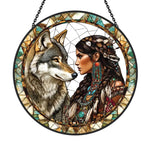 American maiden wolf stained glass suncatcher window hanging, suitable for home and garden decoration