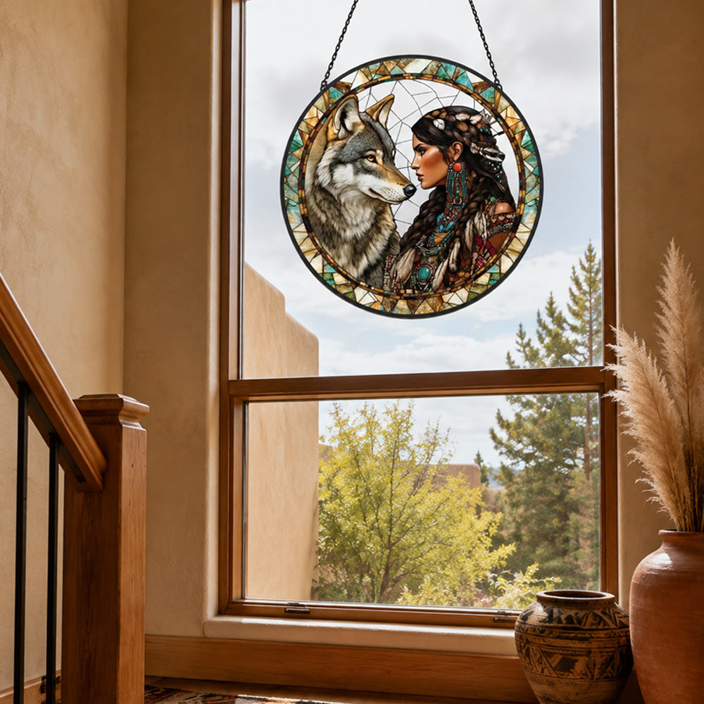 American maiden wolf stained glass suncatcher window hanging, suitable for home and garden decoration