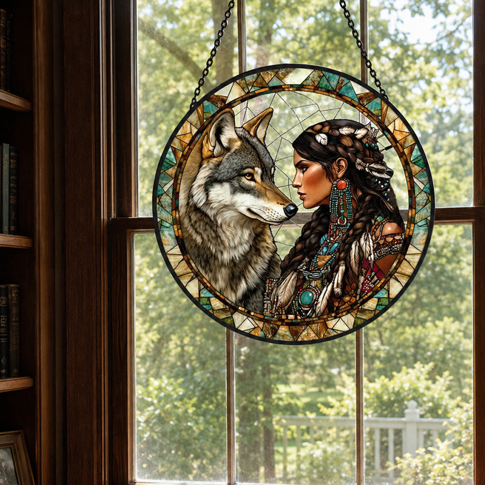American maiden wolf stained glass suncatcher window hanging, suitable for home and garden decoration