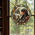 American maiden wolf stained glass suncatcher window hanging, suitable for home and garden decoration