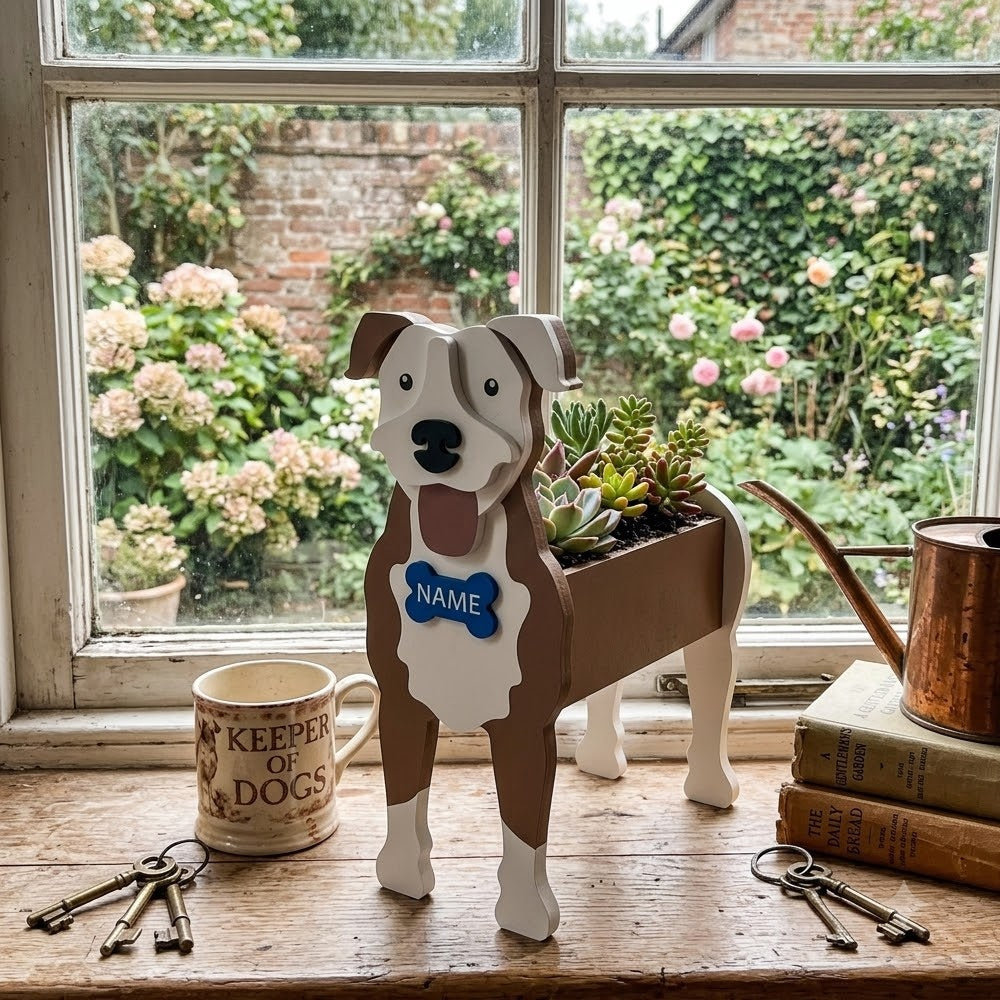 American Pit Bull Terrier dog planter filled with fresh flowers is placed in the garden