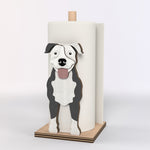 American Pit Bull Terrier Wooden Dog Paper Towel Holder displayed on a kitchen countertop with a freestanding paper towel roll