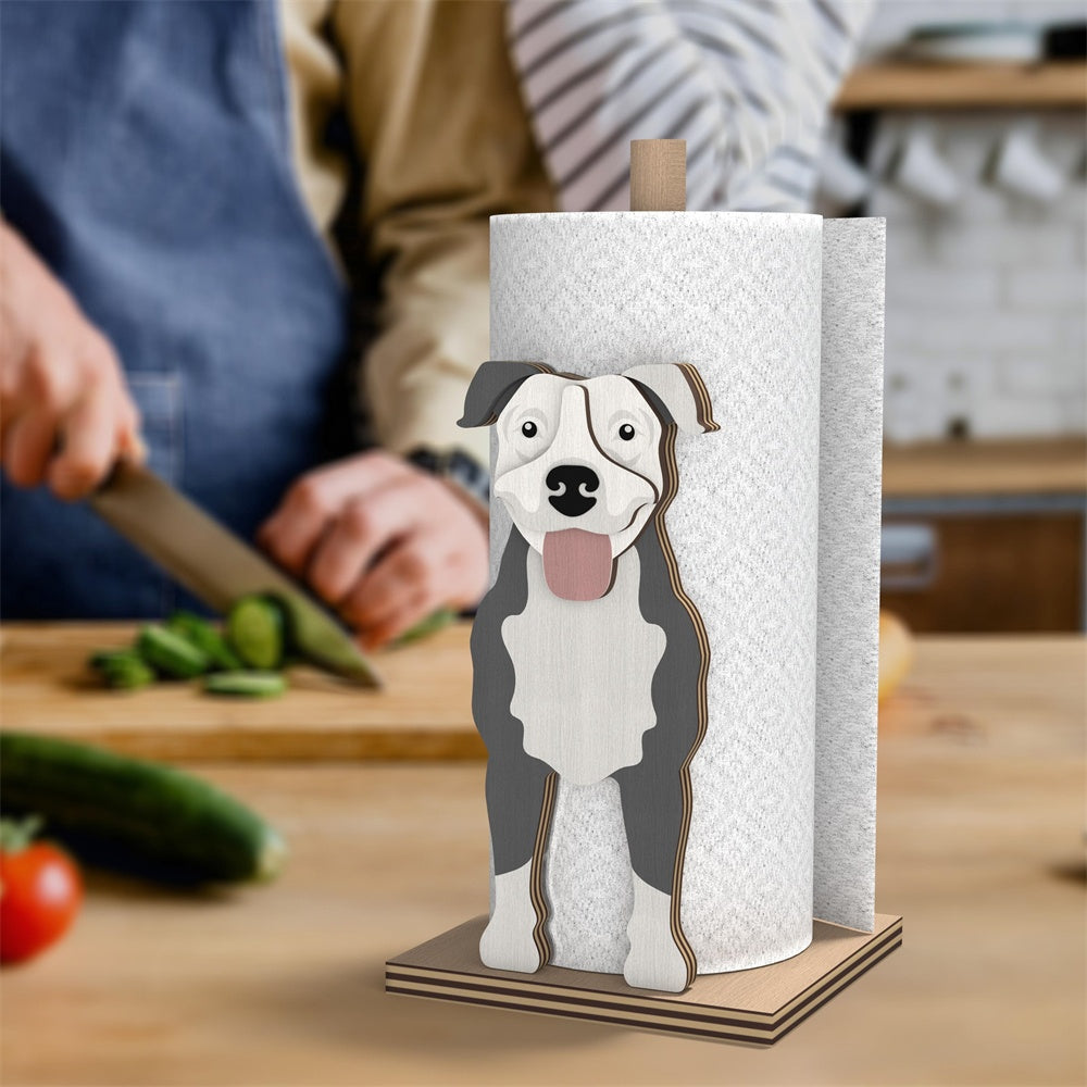 American Pit Bull Terrier Wooden Dog Paper Towel Holder displayed on a kitchen countertop with a freestanding paper towel roll