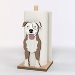 American Pit Bull Terrier Wooden Dog Paper Towel Holder displayed on a kitchen countertop with a freestanding paper towel roll