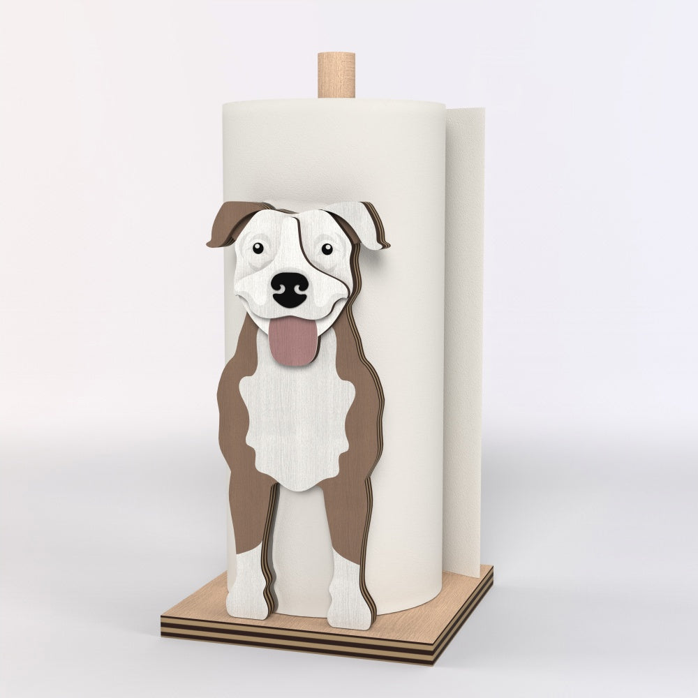 American Pit Bull Terrier Wooden Dog Paper Towel Holder displayed on a kitchen countertop with a freestanding paper towel roll