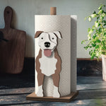 American Pit Bull Terrier Wooden Dog Paper Towel Holder displayed on a kitchen countertop with a freestanding paper towel roll