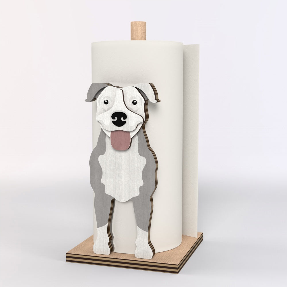 American Pit Bull Terrier Wooden Dog Paper Towel Holder displayed on a kitchen countertop with a freestanding paper towel roll