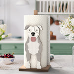 American Pit Bull Terrier Wooden Dog Paper Towel Holder displayed on a kitchen countertop with a freestanding paper towel roll