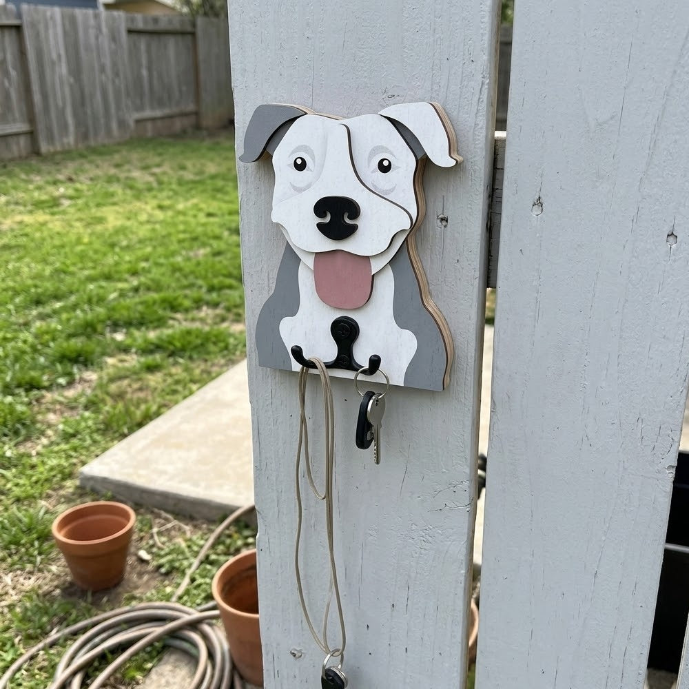 American Pit Bull Terrier wooden dog wall hook key and leash holder for home entryway organizer