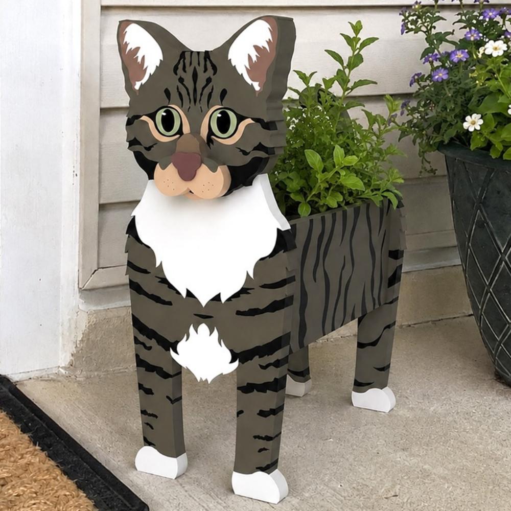 American Shorthair cat planter filled with fresh flowers is placed in the garden