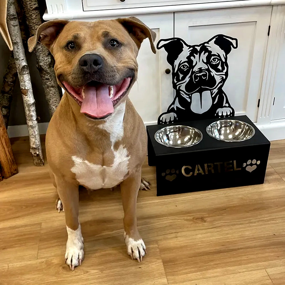 Personalized american staffordshire terrier metal dog bowl stand with custom name cutout and two removable feeding bowls
