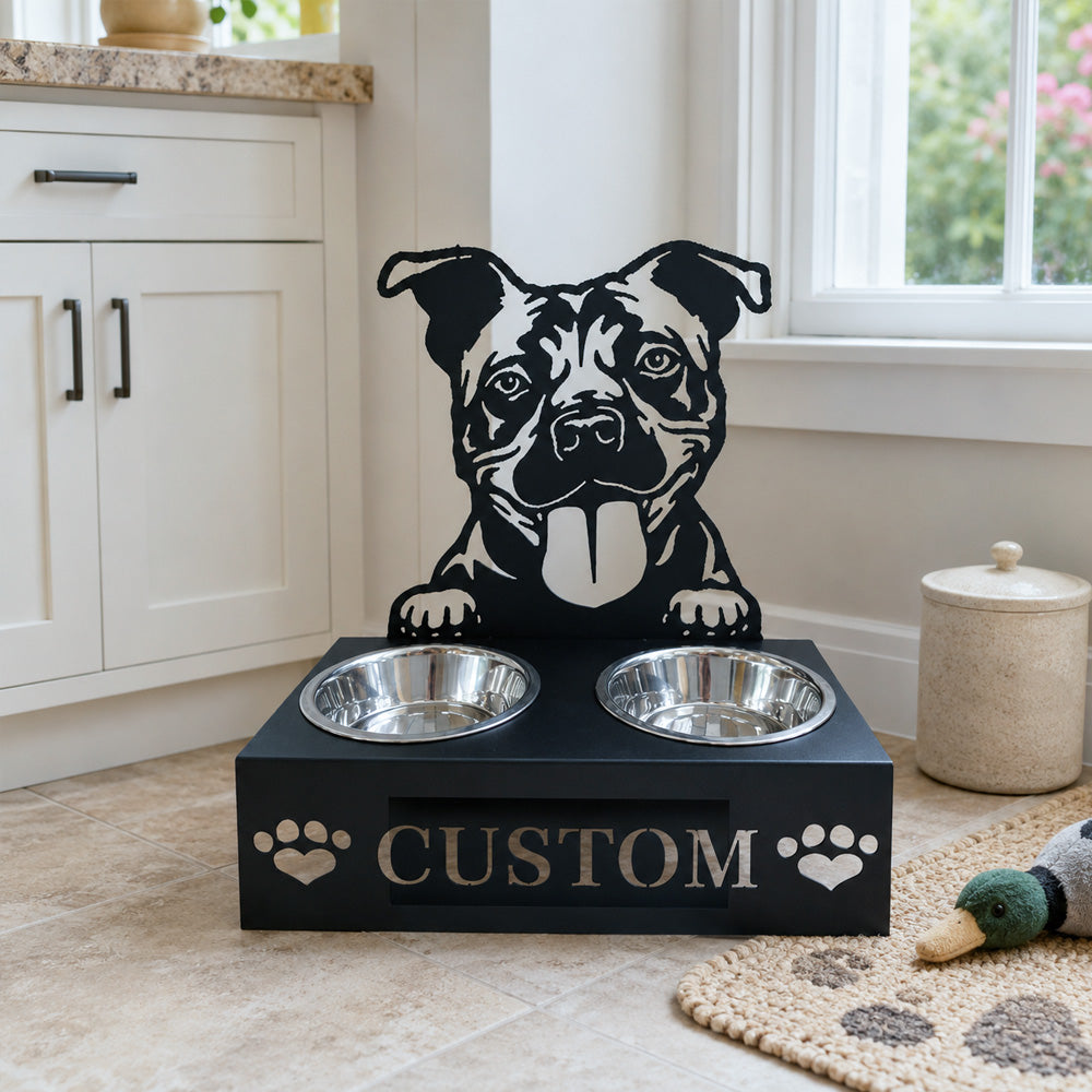 Personalized american staffordshire terrier metal dog bowl stand with custom name cutout and two removable feeding bowls