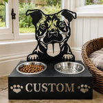 Personalized american staffordshire terrier metal dog bowl stand with custom name cutout and two removable feeding bowls