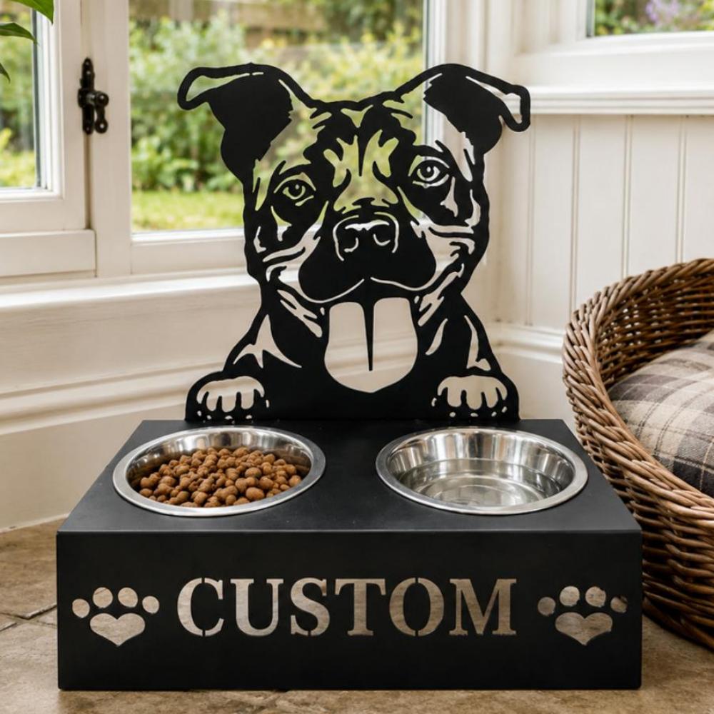 Personalized american staffordshire terrier metal dog bowl stand with custom name cutout and two removable feeding bowls