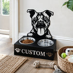 Personalized american staffordshire terrier metal dog bowl stand with custom name cutout and two removable feeding bowls