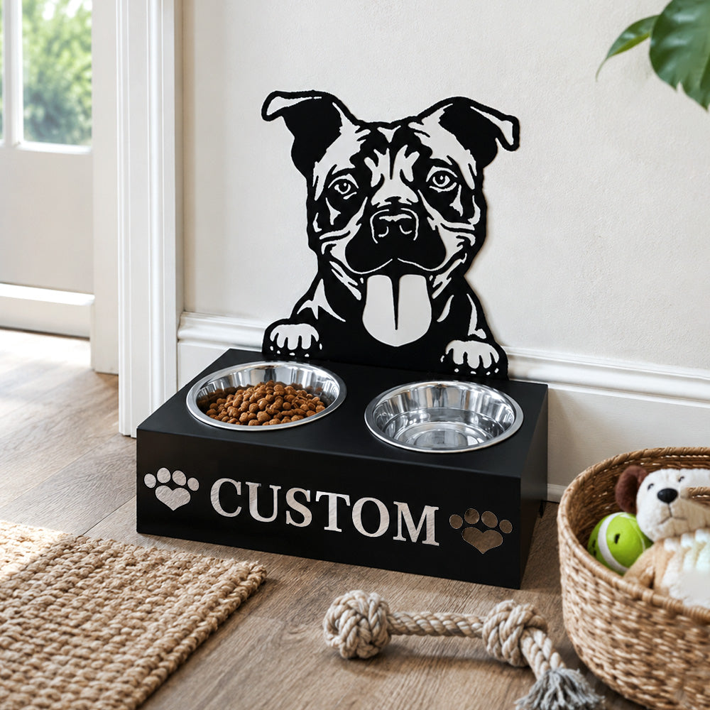 Personalized american staffordshire terrier metal dog bowl stand with custom name cutout and two removable feeding bowls