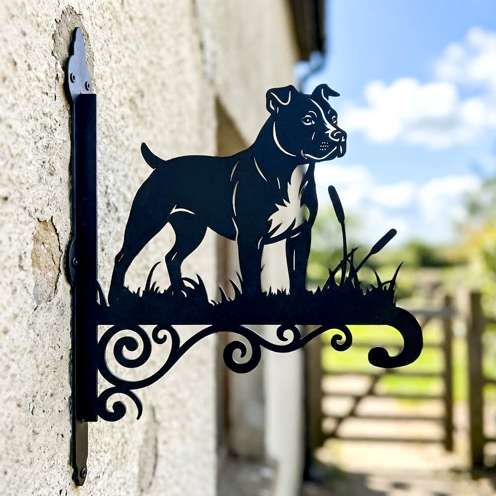 American staffordshire terrier metal hanging basket bracket mounted on outdoor wall for plant decoration
