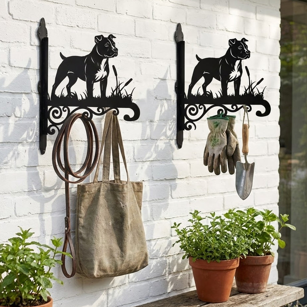 American staffordshire terrier metal hanging basket bracket mounted on outdoor wall for plant decoration