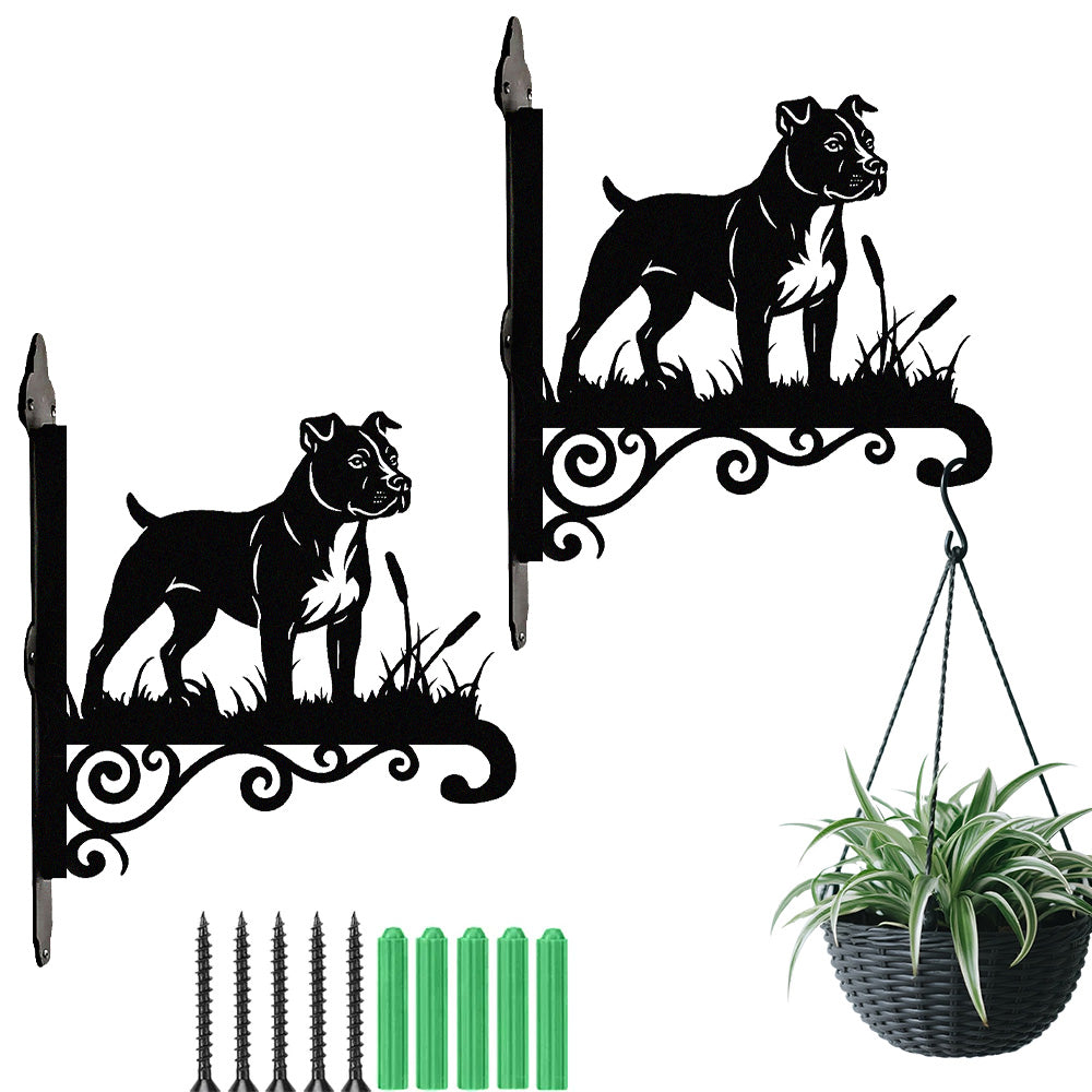American staffordshire terrier metal hanging basket bracket mounted on outdoor wall for plant decoration