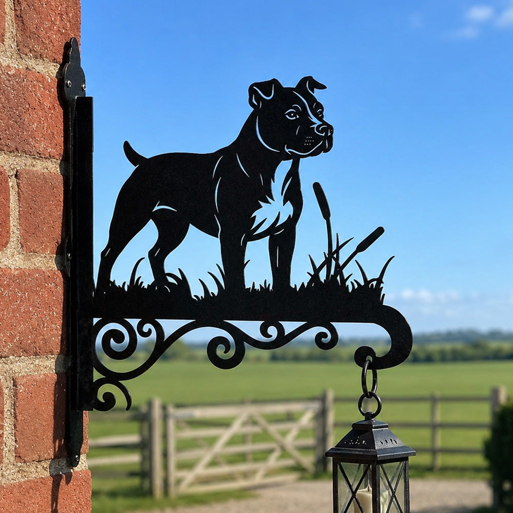 American staffordshire terrier metal hanging basket bracket mounted on outdoor wall for plant decoration