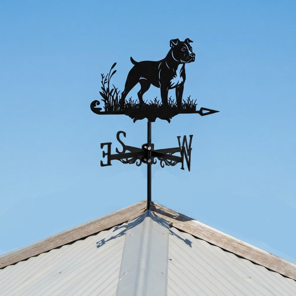 American Staffordshire Terrier metal weather vane with directional arrows and mounting rod, outdoor roof and garden decoration