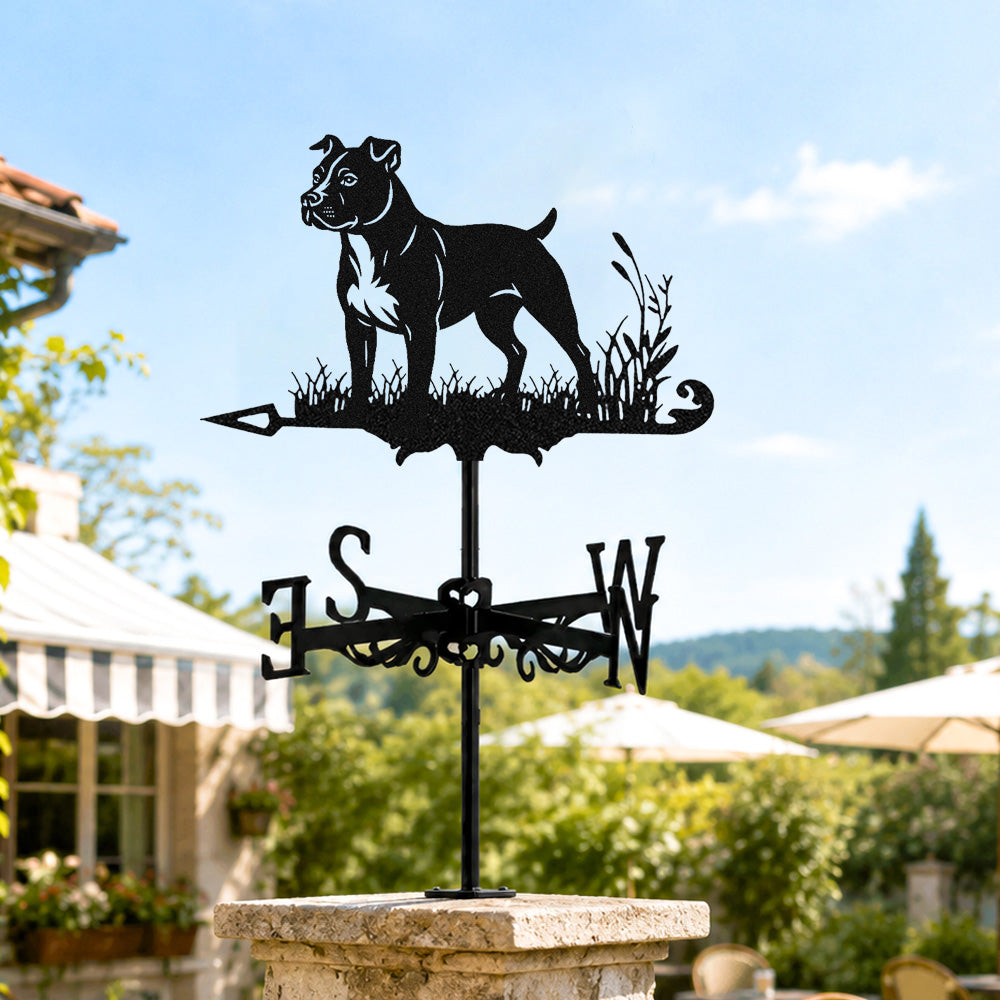 American Staffordshire Terrier metal weather vane with directional arrows and mounting rod, outdoor roof and garden decoration
