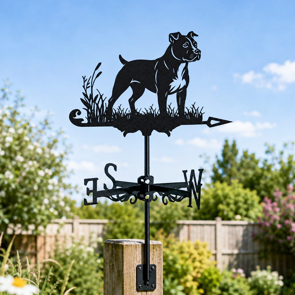 American Staffordshire Terrier metal weather vane with directional arrows and mounting rod, outdoor roof and garden decoration