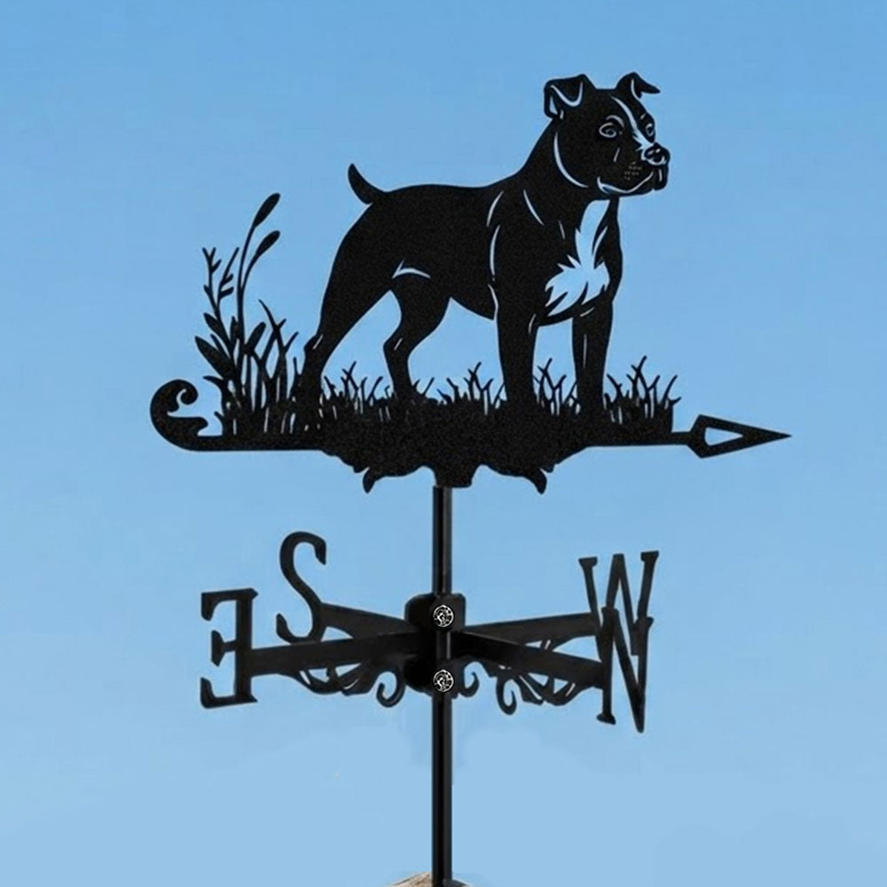 American Staffordshire Terrier metal weather vane with directional arrows and mounting rod, outdoor roof and garden decoration