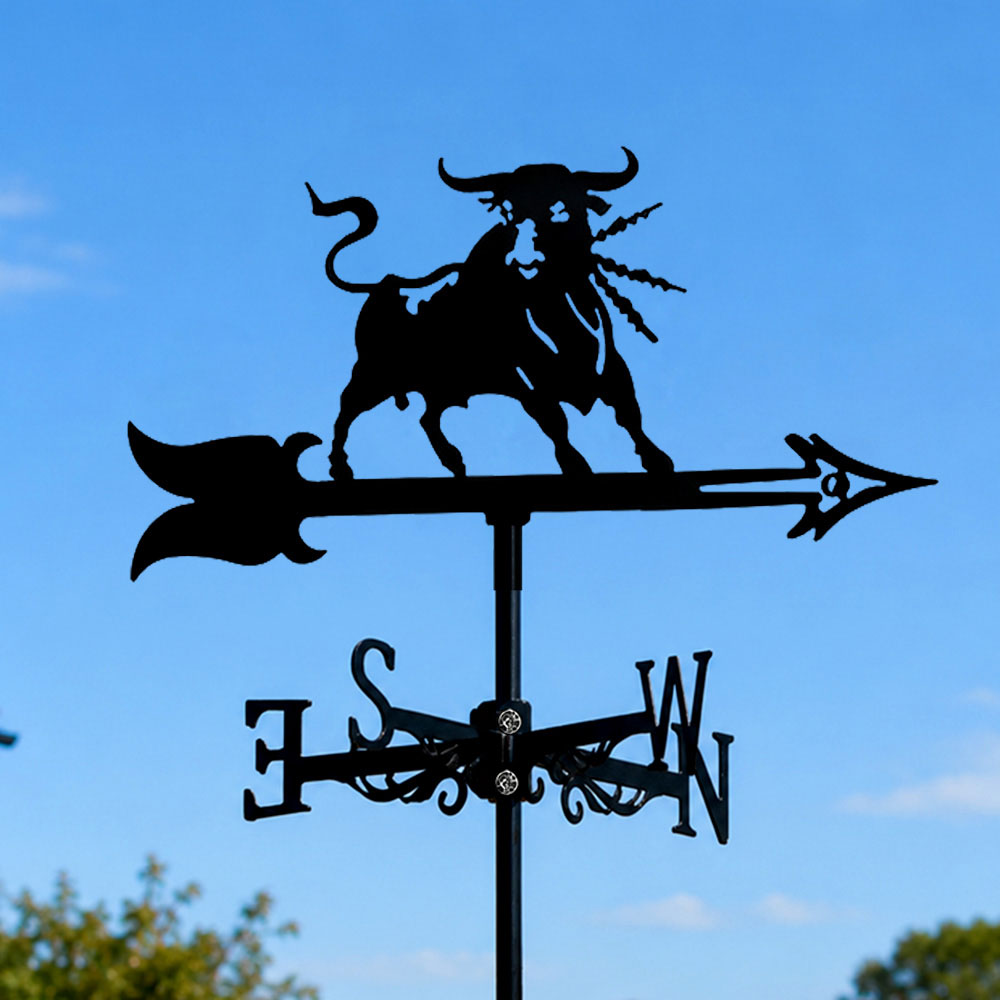 Angry bull metal weather vane with directional arrows and mounting rod, outdoor roof and garden decoration