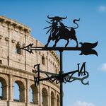 Angry bull metal weather vane with directional arrows and mounting rod, outdoor roof and garden decoration