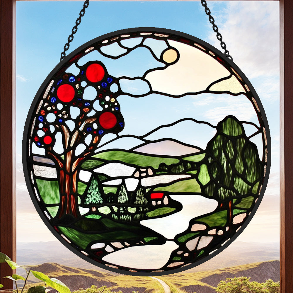 Apple tree landscape stained glass suncatcher window hanging, suitable for home and garden decoration