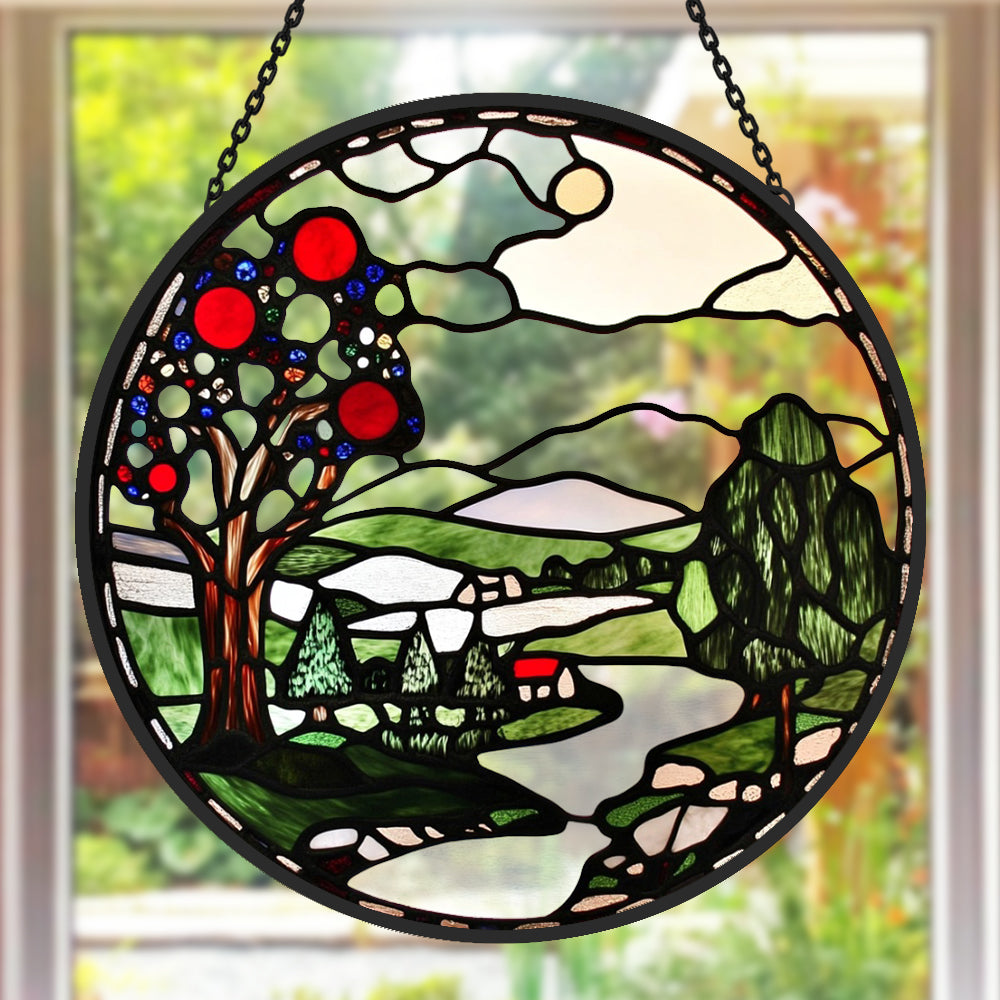 Apple tree landscape stained glass suncatcher window hanging, suitable for home and garden decoration