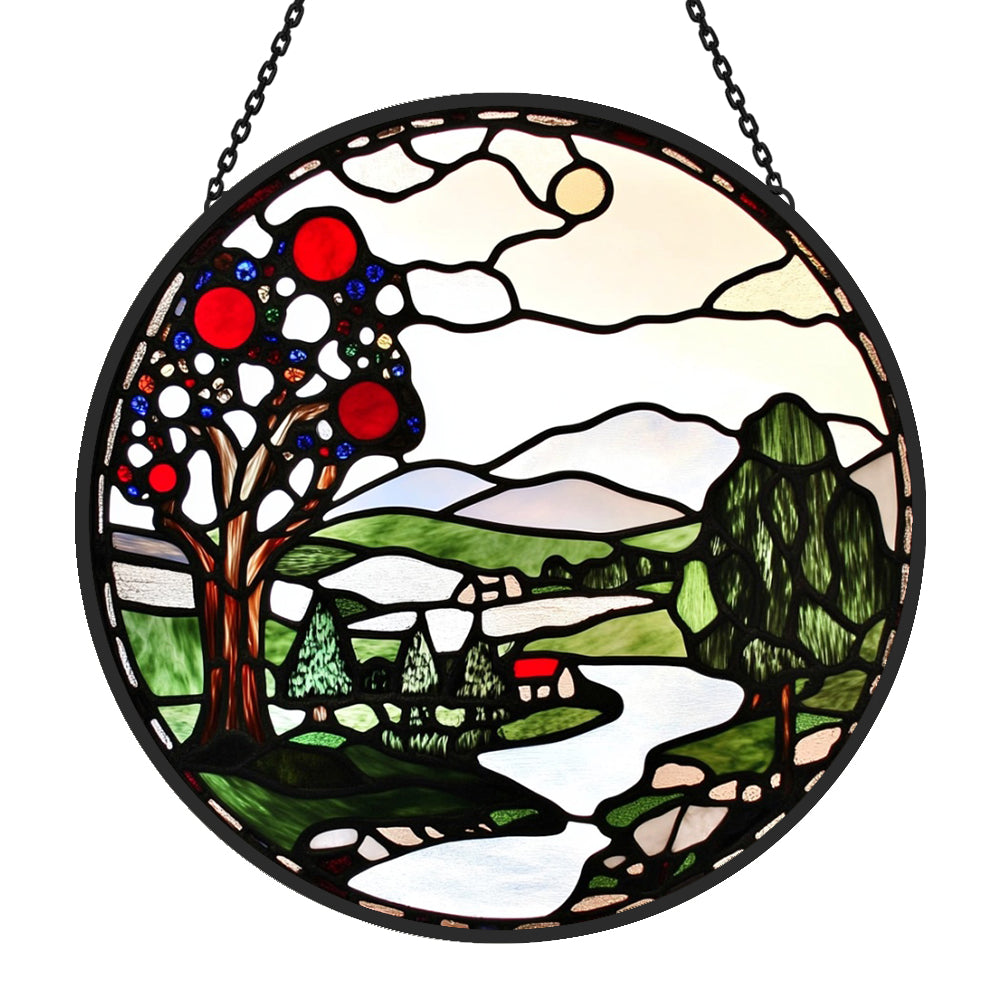Apple tree landscape stained glass suncatcher window hanging, suitable for home and garden decoration