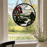 Apple tree landscape stained glass suncatcher window hanging, suitable for home and garden decoration