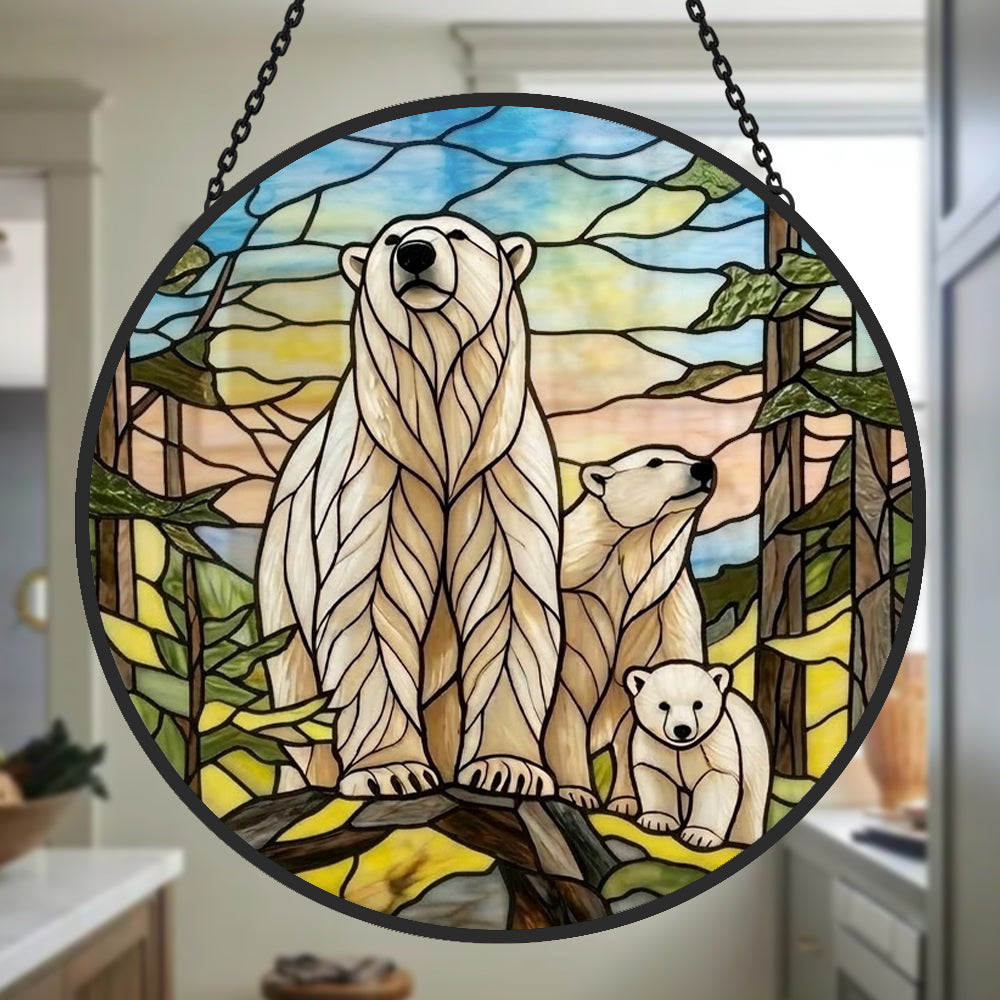 Arctic polar bear family stained glass suncatcher window hanging, suitable for home and garden decoration