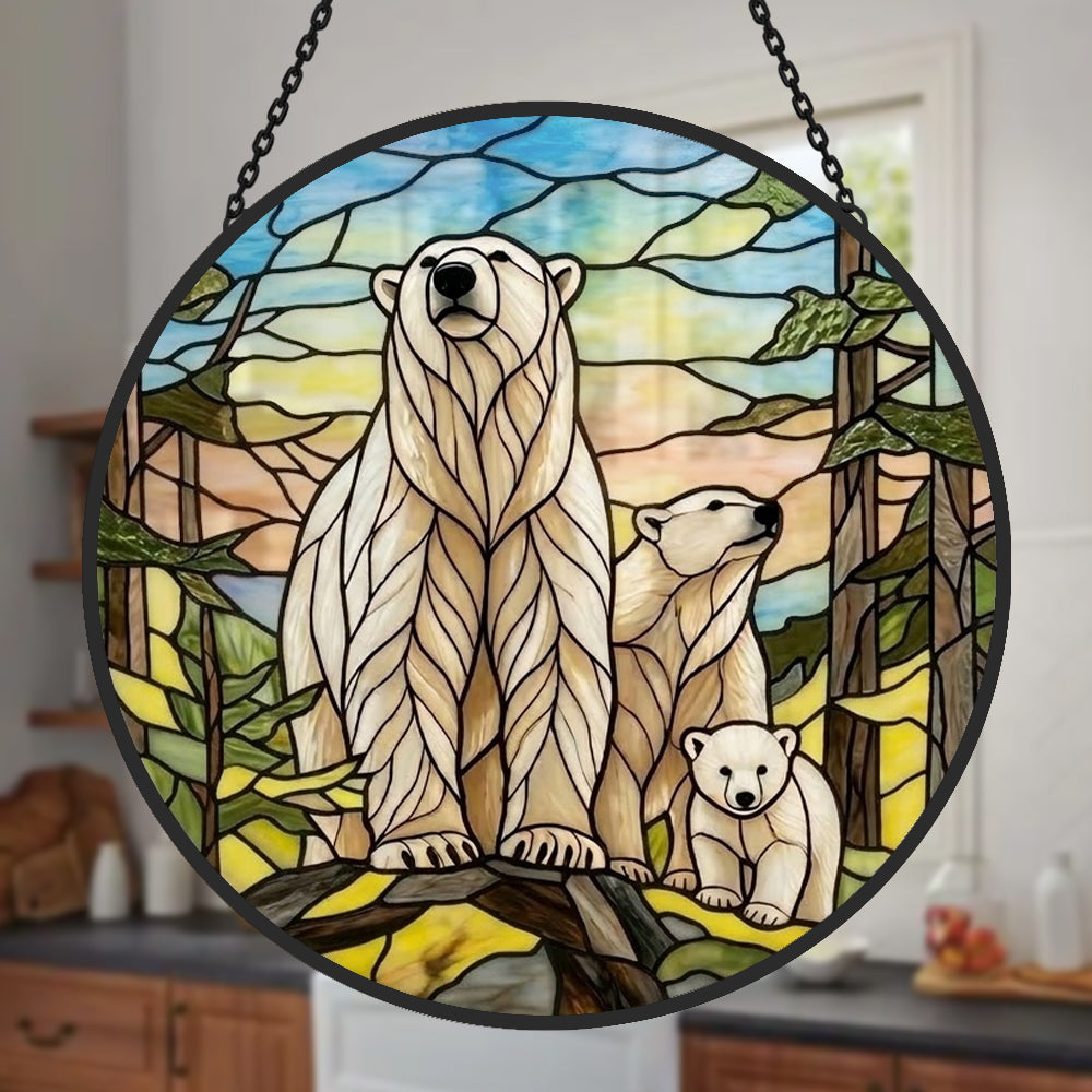 Arctic polar bear family stained glass suncatcher window hanging, suitable for home and garden decoration