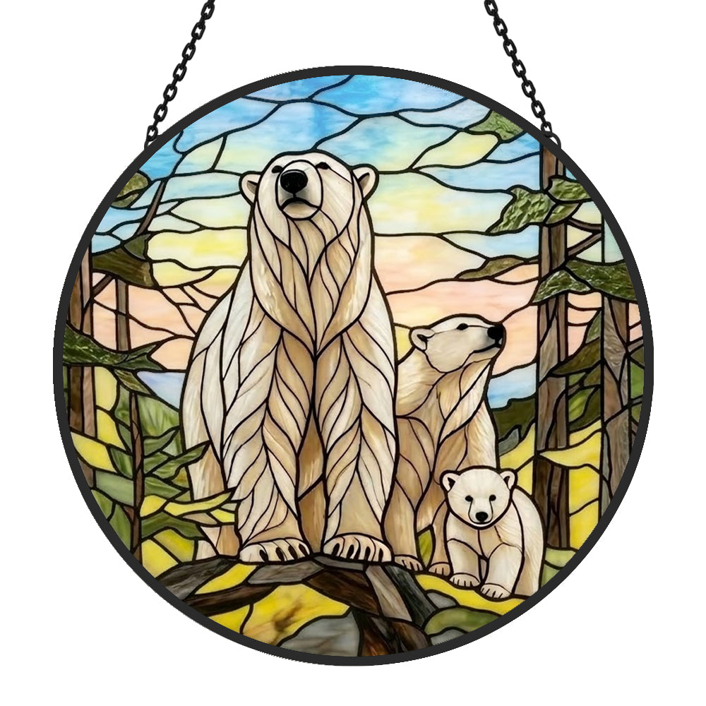 Arctic polar bear family stained glass suncatcher window hanging, suitable for home and garden decoration