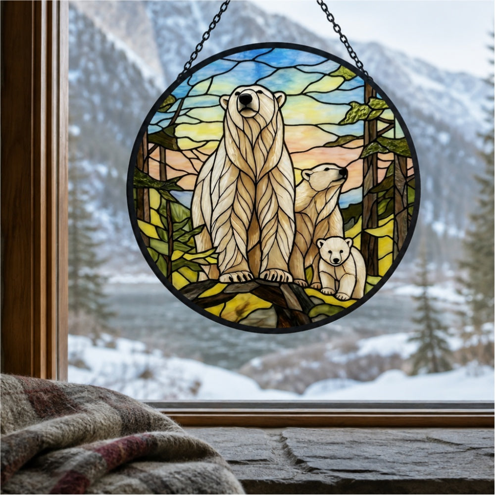 Arctic polar bear family stained glass suncatcher window hanging, suitable for home and garden decoration